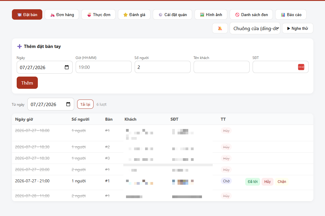 Trang quản lý đặt bàn của website quán ăn: danh sách theo ngày giờ, số người, số bàn, trạng thái chờ và nút đánh dấu khách đã tới.